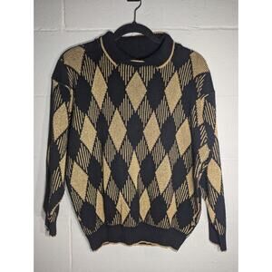 Alfred Dunner Mens Collared Knit Sweater Large Checkered Plaid Preppy metallic